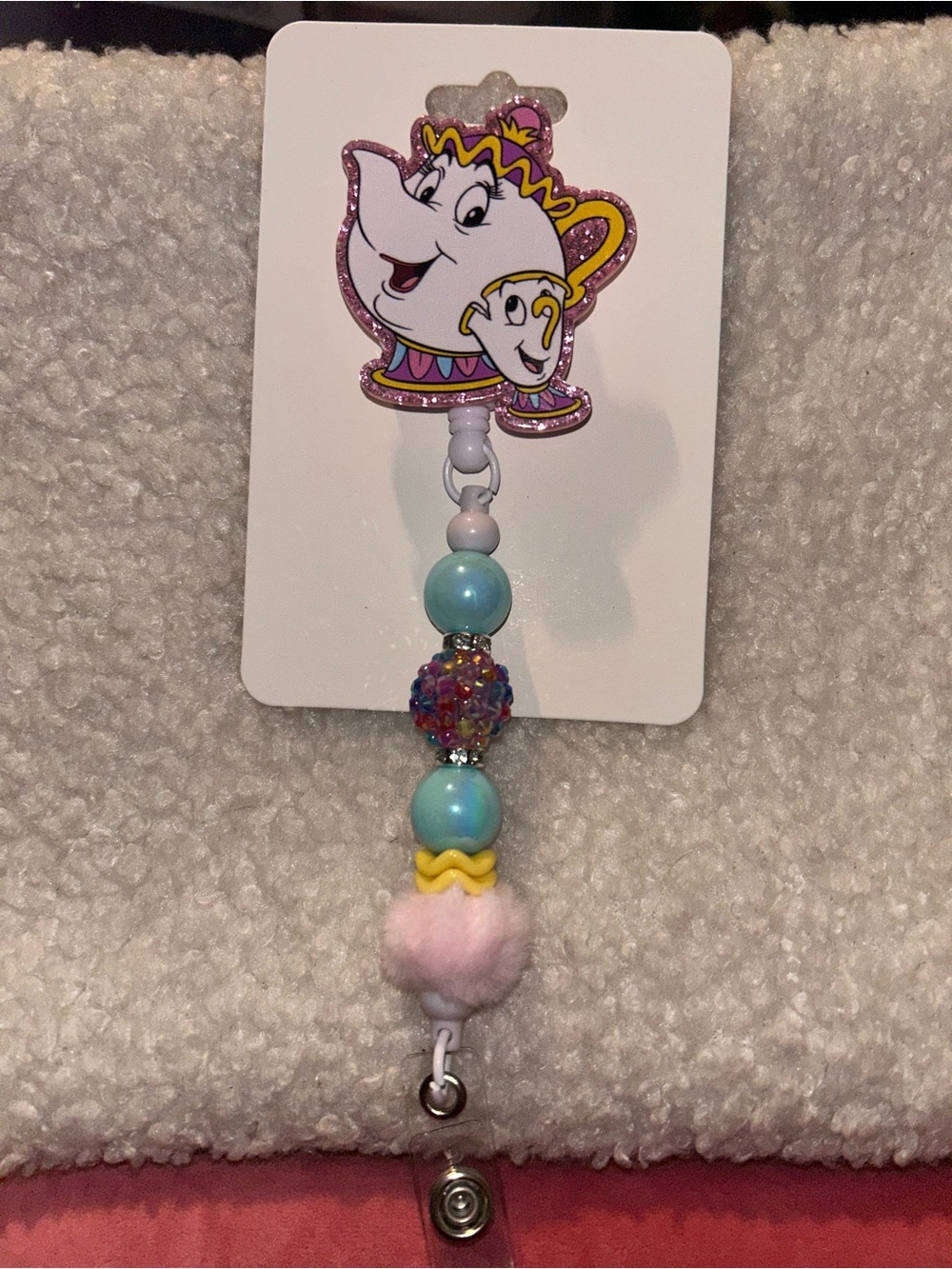 Beaded Teapot Character Badge Reel - Pink & Blue